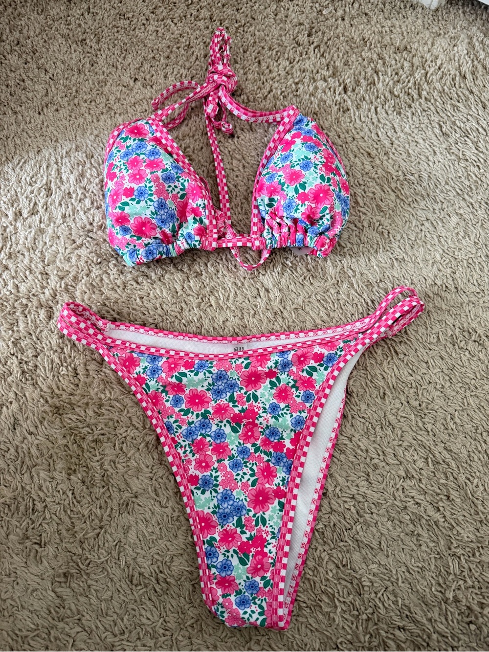 Pink Floral Triangle Bikini Set with Gingham Trim